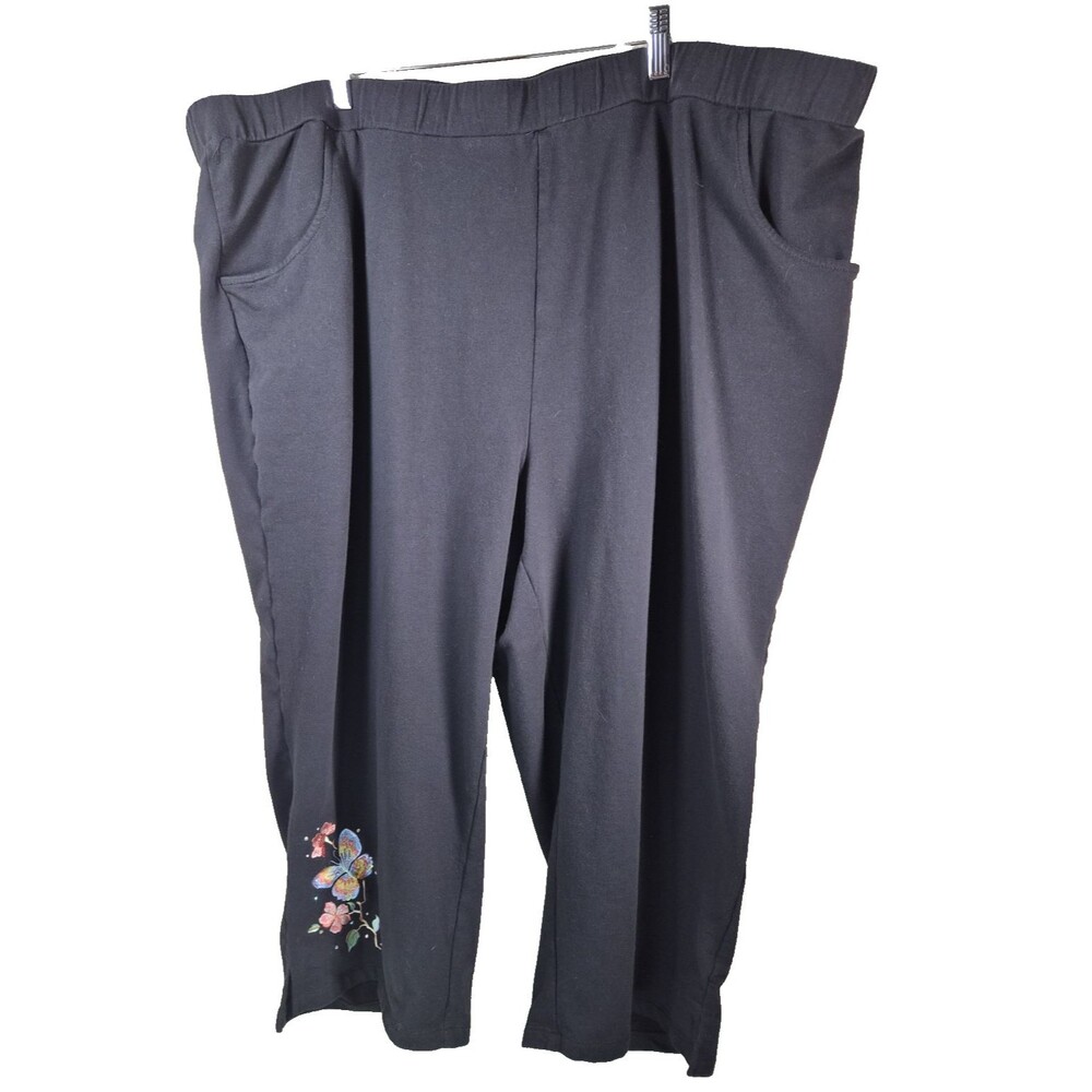 Quacker Factory Womens 3X Black Capri Pants Butterfly Floral Sequin Pull On Knit